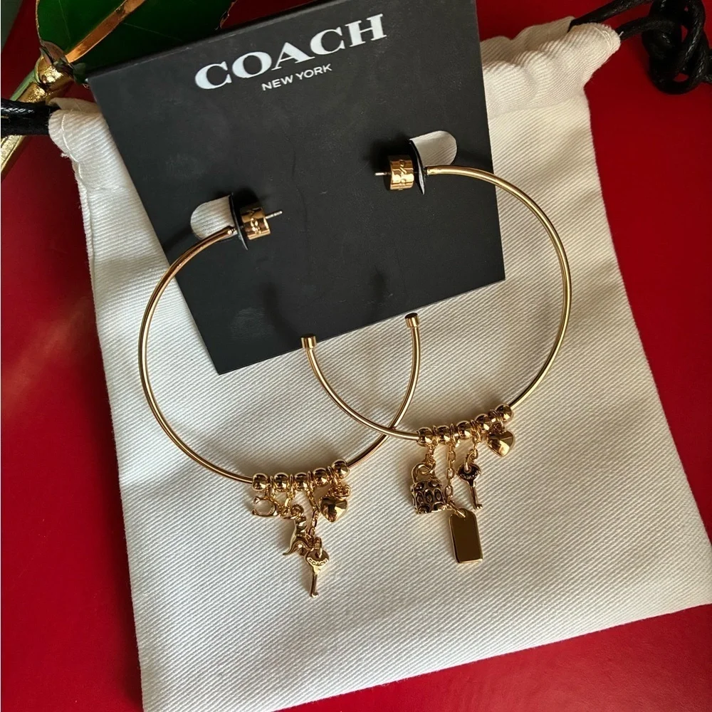 COACH Earrings,Coach Gold Hoop Earrings with Charms